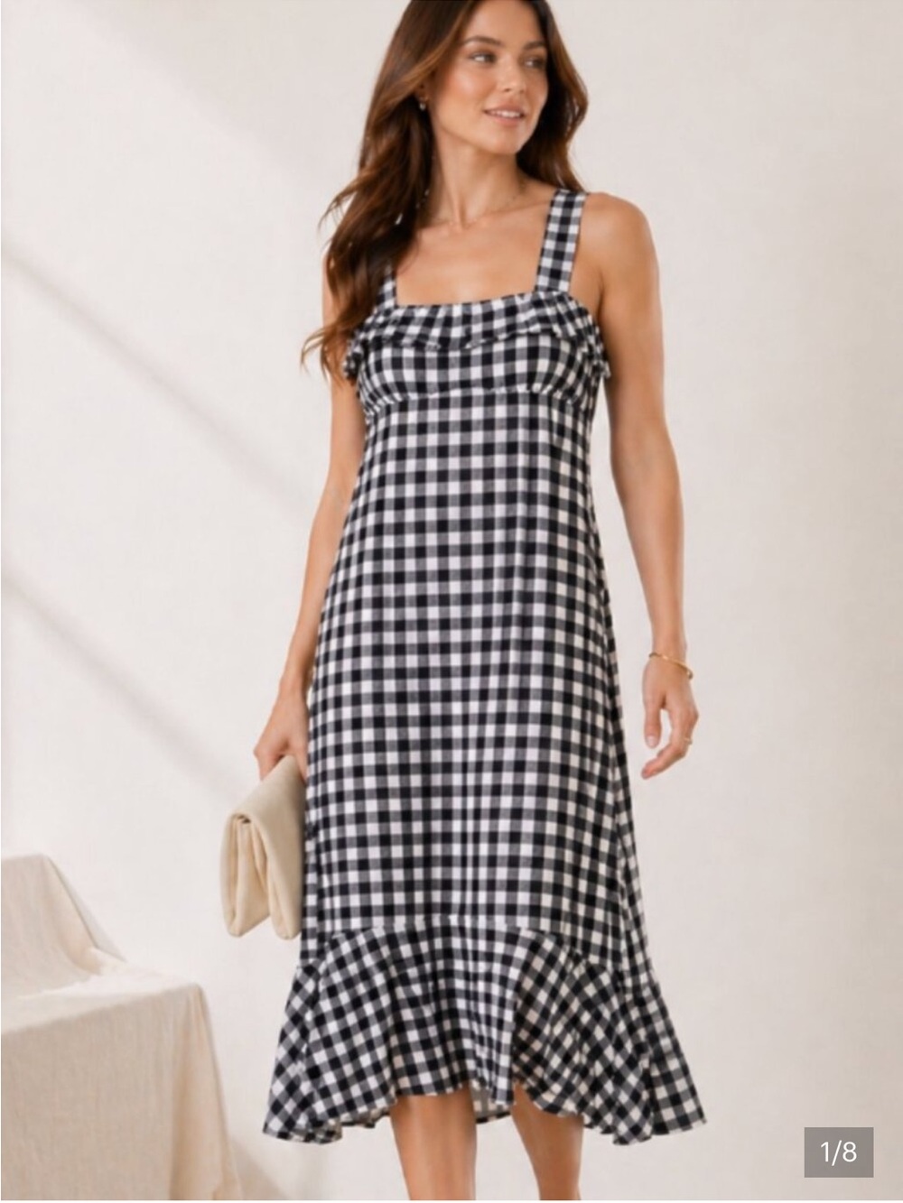 J. CREW women’s Black & White Gingham Ruffle Strap midi Dress size 10 preppy